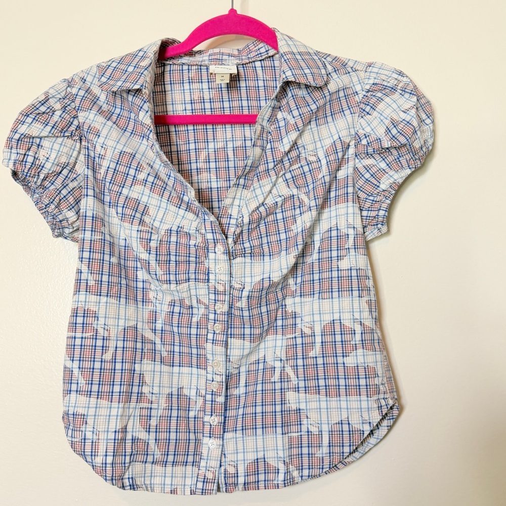 Maeve Short-Sleeve Plaid Button-Up Shirt in Blue & Pink